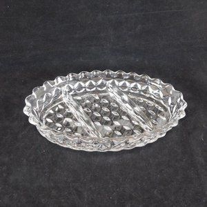 Fostoria American Clear 3-Part Dish Divided Oval Relish Candy Nut Cube Motif Vtg